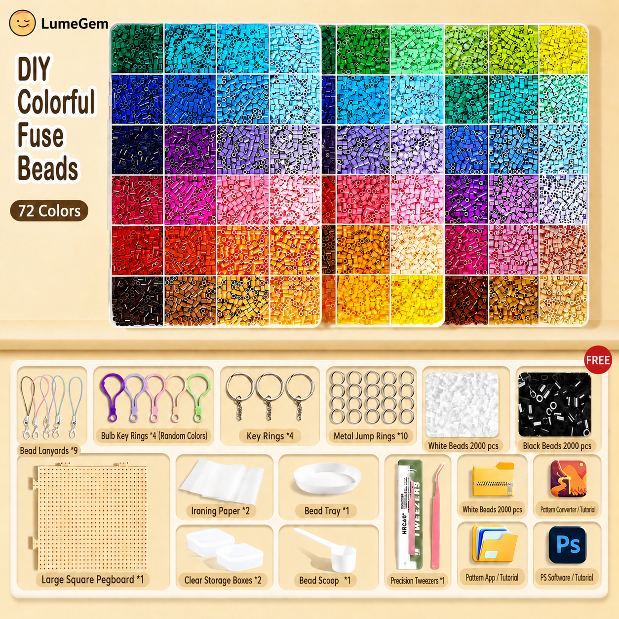 LumeGem 2.6mm fuse bead DIY deluxe kit with tools and pattern cards, detail view 2