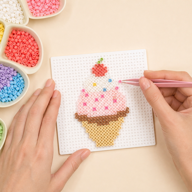 Hands placing colorful mini fuse beads on a white pegboard