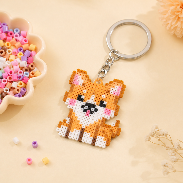 Finished fuse bead artwork connected to a key ring