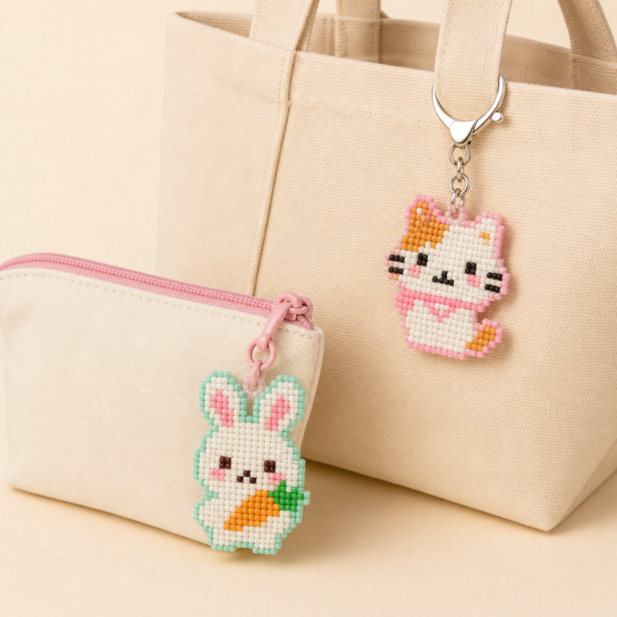 Colorful fuse bead charm attached to a light canvas bag