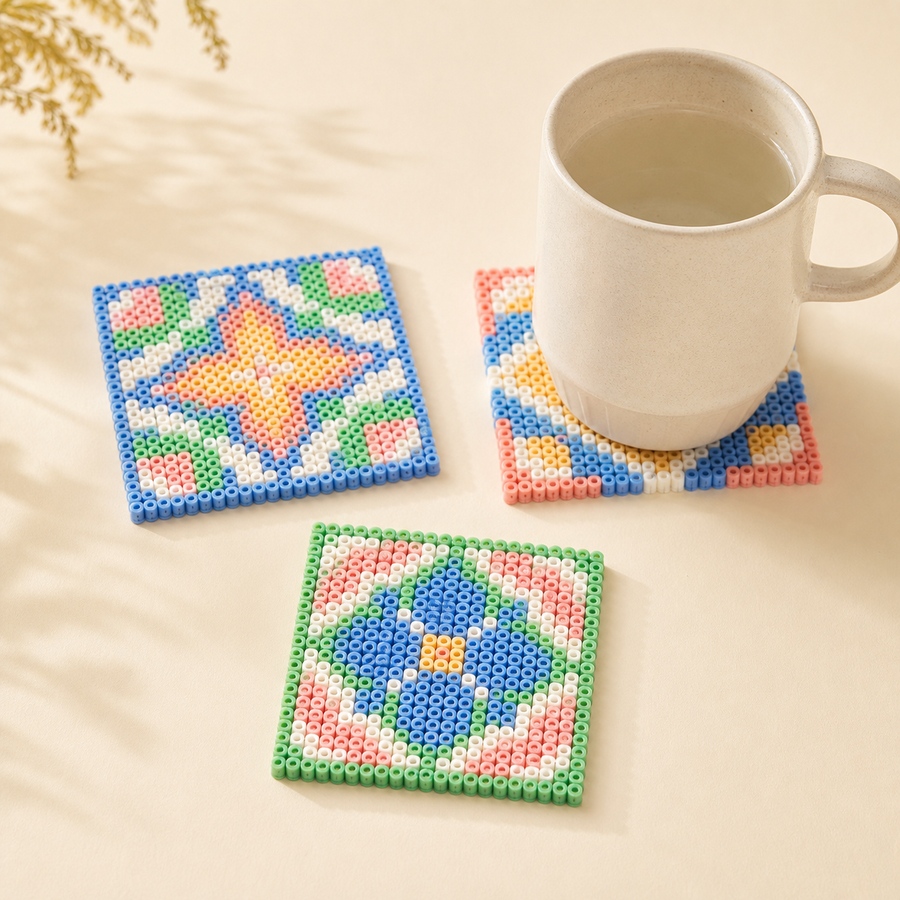 Colorful fuse bead coasters arranged beside a cup