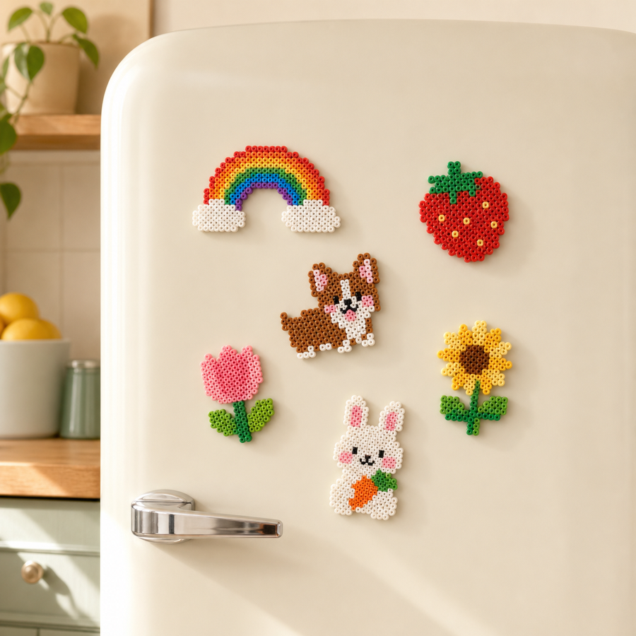 Small colorful fuse bead magnets on a pale refrigerator