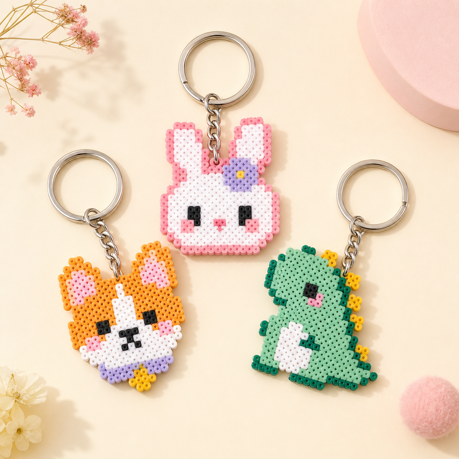 Colorful mini fuse bead keychains with silver rings