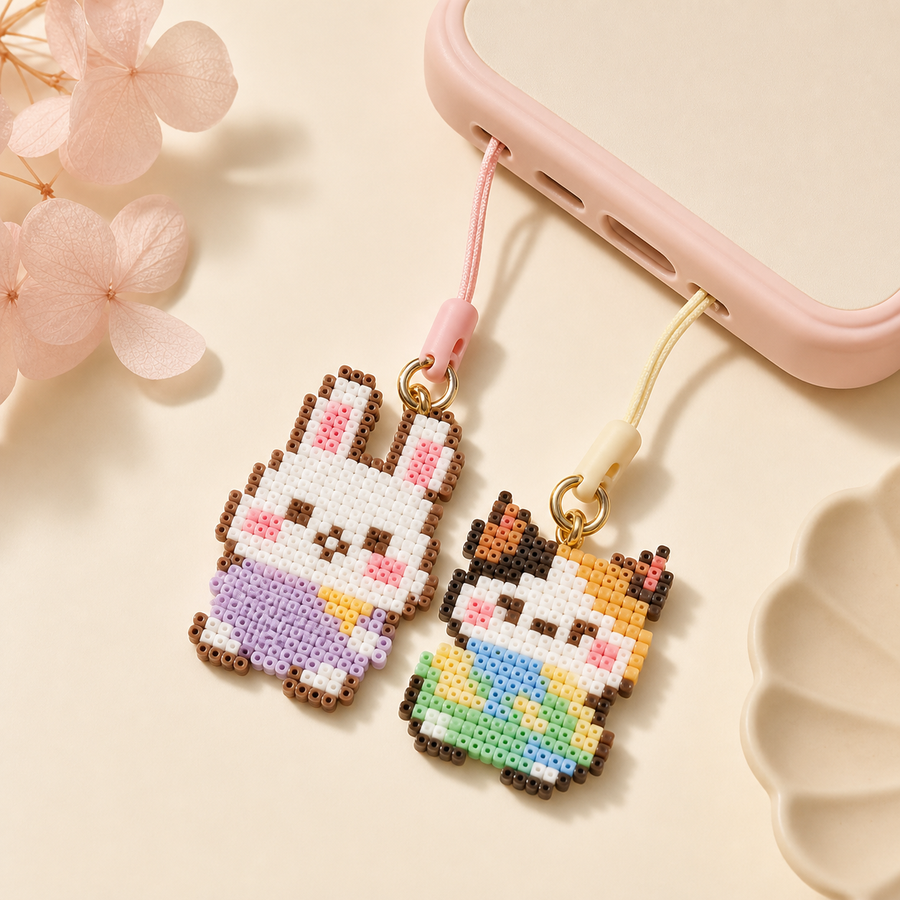 Lightweight fuse bead phone charms beside a pale phone case