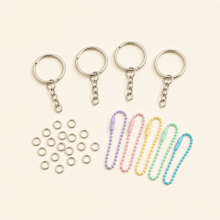 Key rings, jump rings, and pastel bead lanyard loops