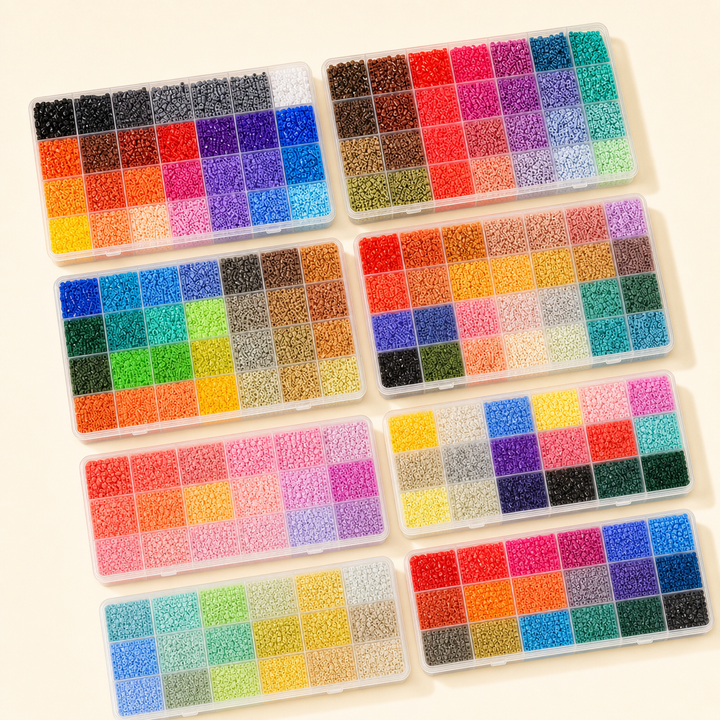 Organized trays of colorful 2.6mm fuse beads